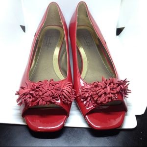 shiny red open toe dressy shoes